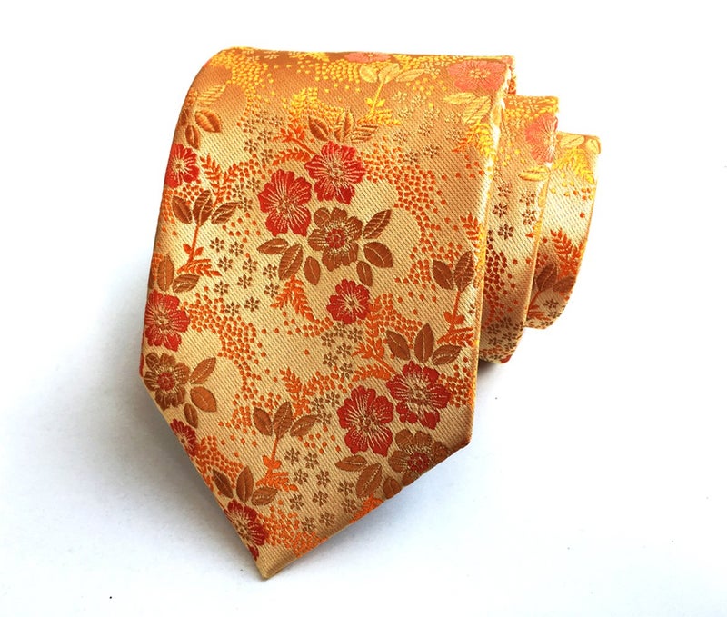 Ctskyte Mens Orange Yellow Tie Floral Woven Silk Formal Self Necktie Fashion Accessories - Image 4